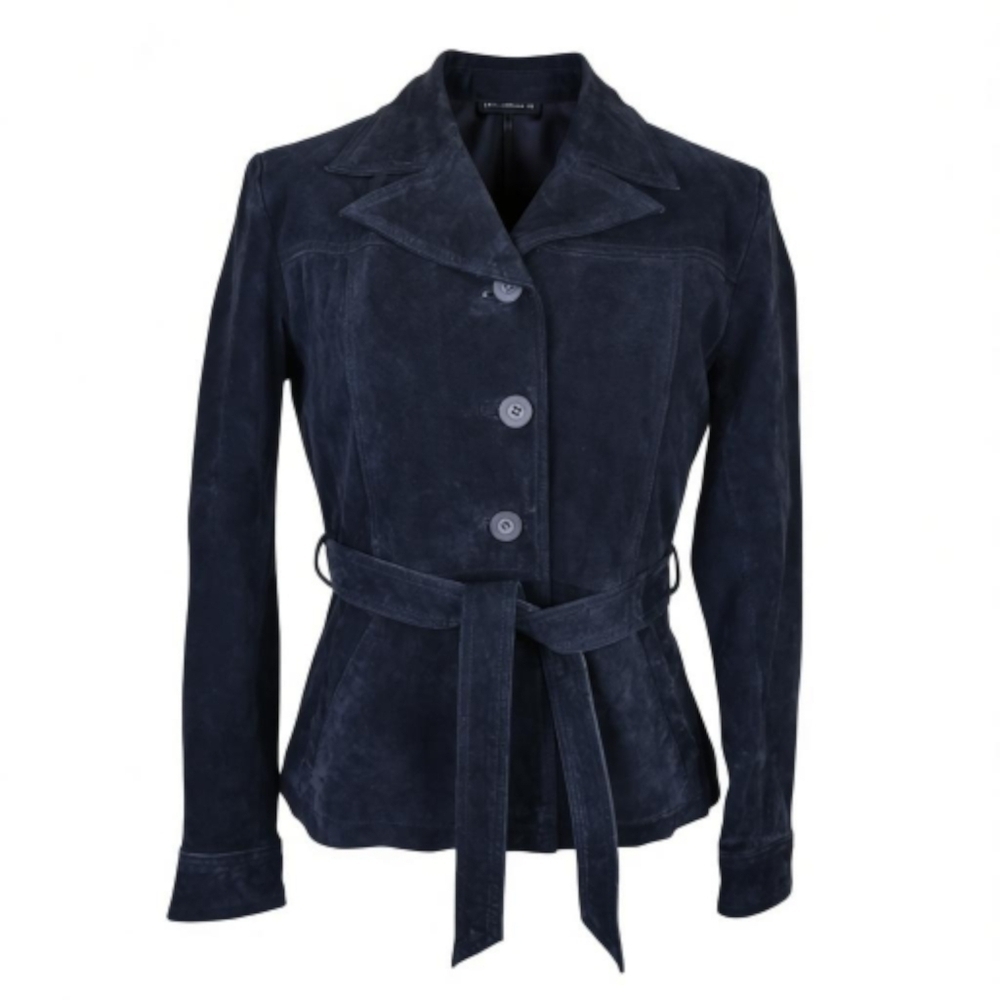 Globel Identity GIII Suede Jacket Women Size M Petite Black Belted Button Front